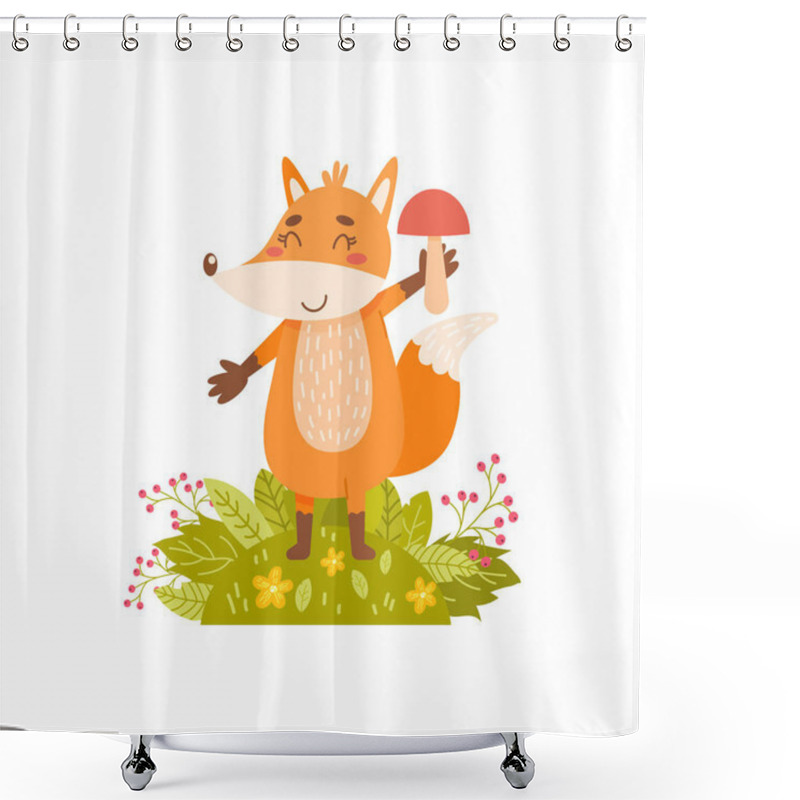 Personality  Cute Fox Holds A Mushroom On A White Background. Shower Curtains