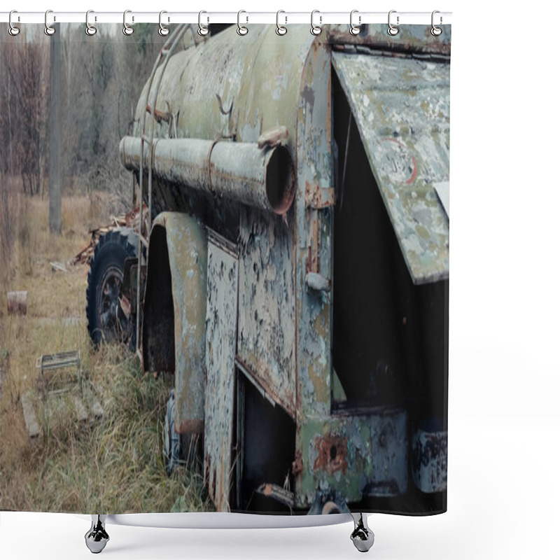 Personality  Damaged And Rusty Military Vehicle In Forest In Chernobyl Exclusion Zone Shower Curtains