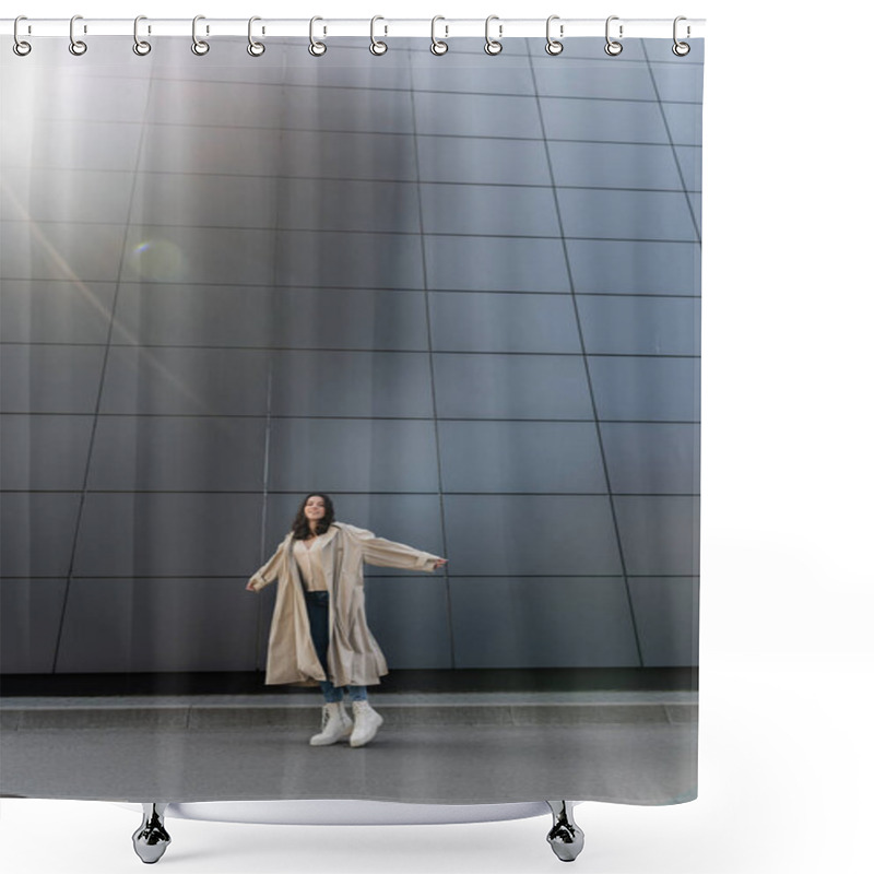 Personality  Happy Woman In Stylish Autumn Outfit Posing With Outstretched Hands Near High Grey Wall Shower Curtains