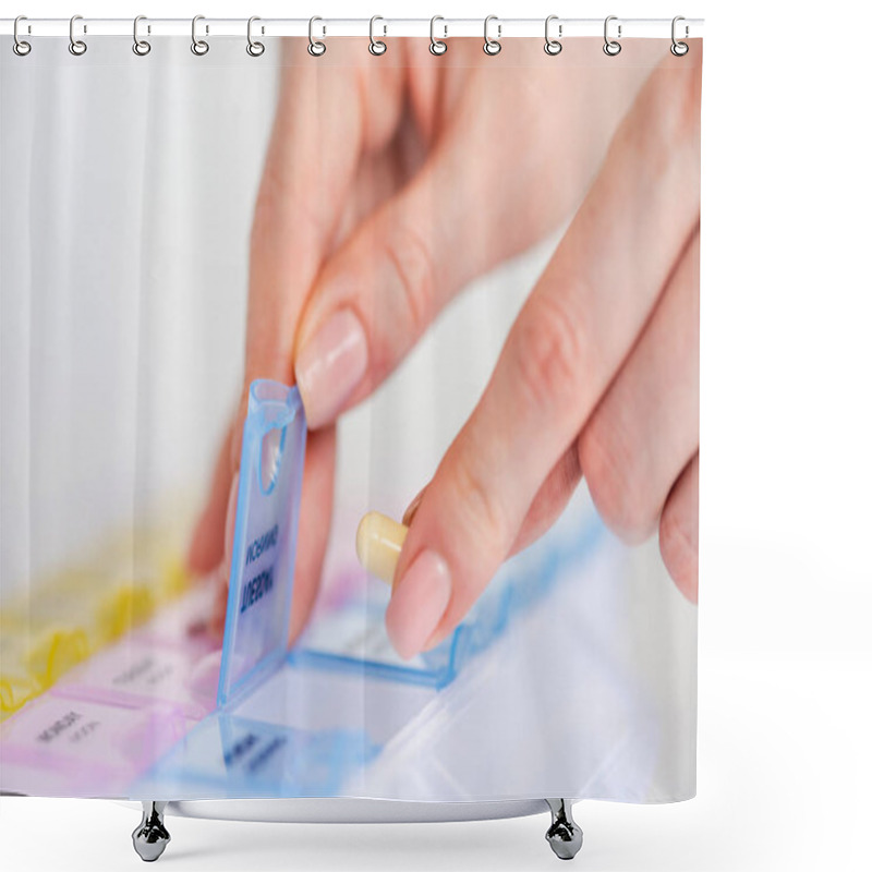 Personality  Woman's Hand Opening A Pill Organizer Box Shower Curtains