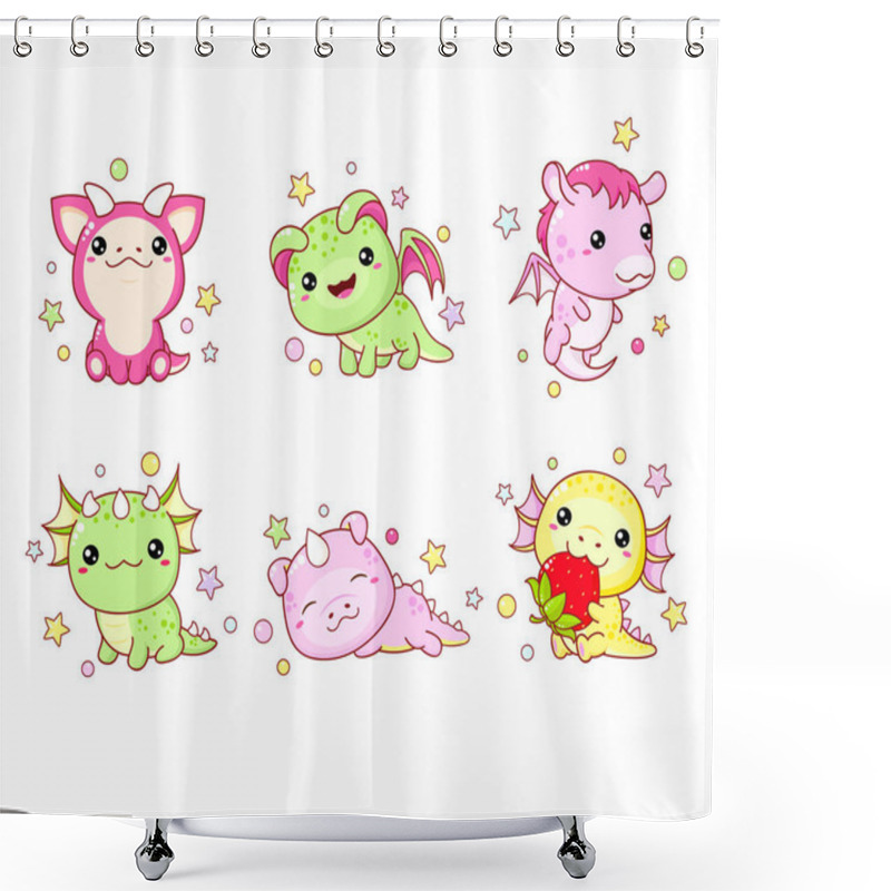 Personality  Set Of Kawaii Fairy Tale Characters. Little Dragon In Various Poses. Collection Of Funny Happy Baby Dragons - Flying, Eating, Sitting, Sleeping, With Strawberry. Cute Fairytale Collection. Vector EPS8 Shower Curtains