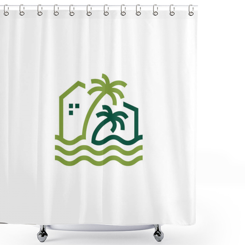 Personality  Palm House Beach Sea Wave Logo Vector Icon Illustration Shower Curtains