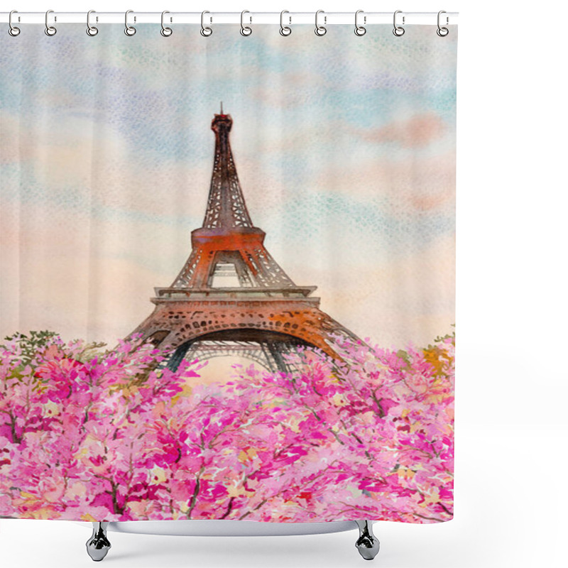 Personality  Paris France Eiffel Tower And Cherry Blossom In Flowers Beautiful Spring Season. Watercolor Paintings Landscape Illustration Art Outdoor. Popular Famous Landmark In The Europe  Shower Curtains