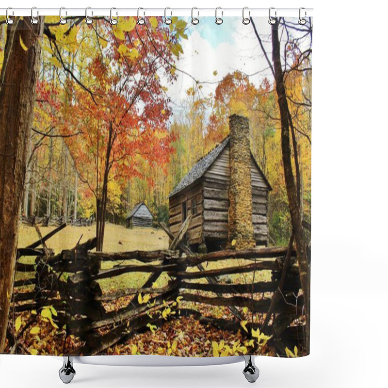 Personality  An Abandoned Pioneer Log Cabin Settlement In Cades Cove, Great Smoky Mountains National Park, Tennessee, With Split Rail Fence In The Foreground, Grassy Meadow, And Fall Foliage In The Background. Shower Curtains