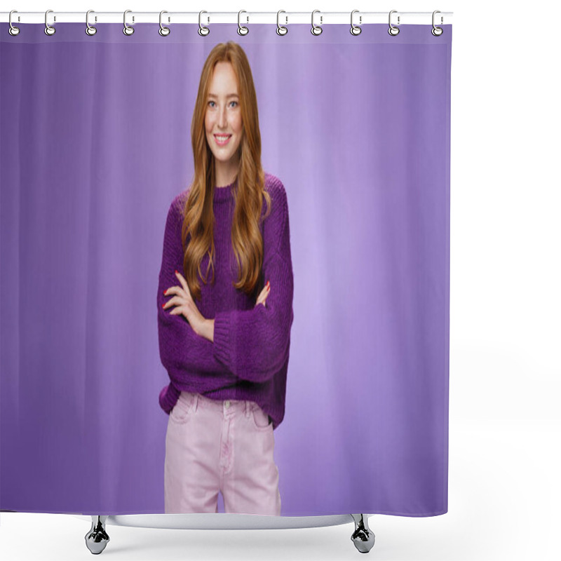 Personality  Portrait Of Pretty Young And Happy 20s Ginger Girl In Purple Sweater Holding Hands Crossed Over Body Smiling Broadly, Feeling Self-assured As Promoting Project With Confidence Over Violet Wall Shower Curtains