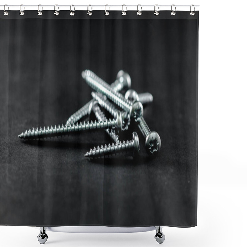 Personality  Steel Screws Grouped On A Black Background. Tools For DIY. Shower Curtains