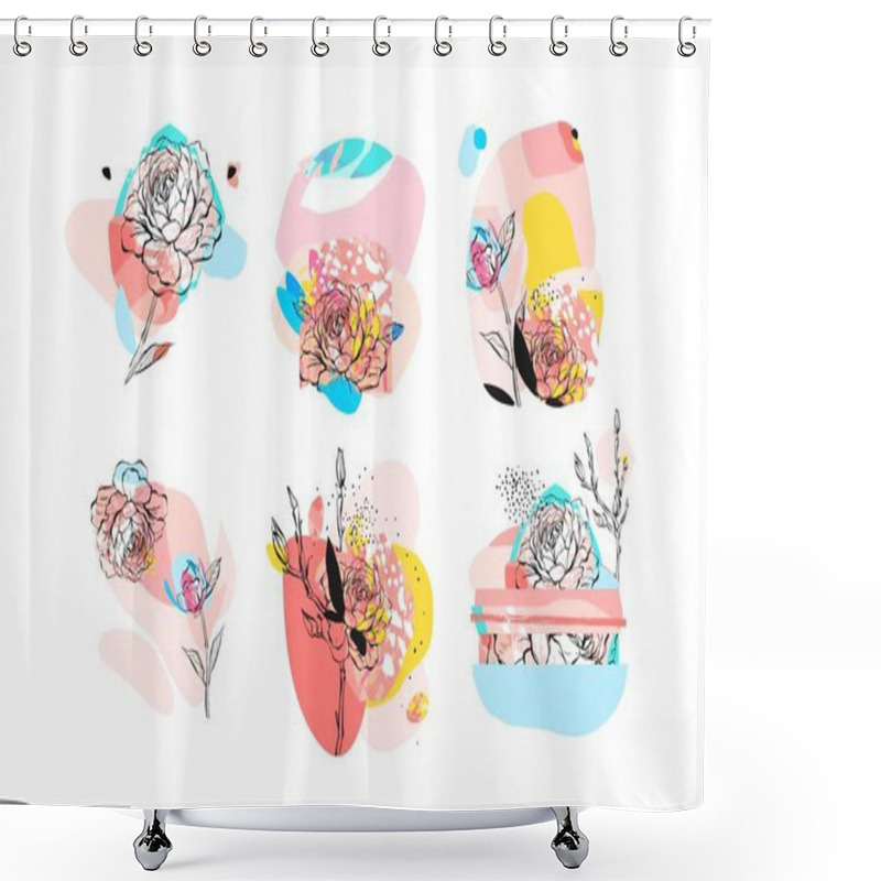 Personality  Hand Drawn Vector Abstract Textured Trendy Creative Universal Collage Collection Elements Set With Peony Flowers Motifs Isolated On White Background With Different Textures And Shapes. Shower Curtains