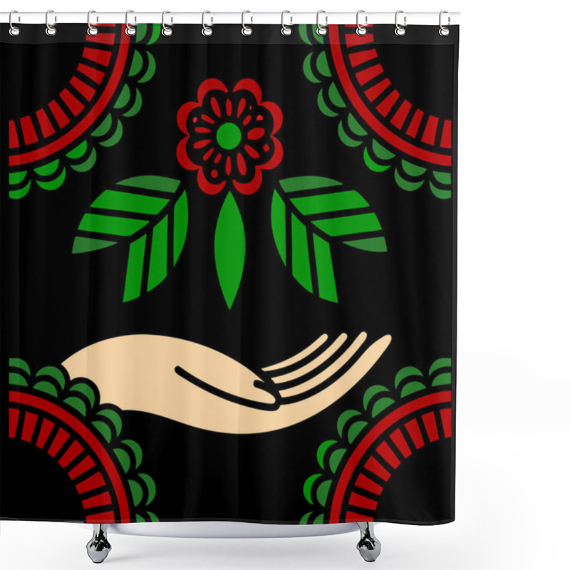 Personality  Minimalist Hand Mehndi Design With Floral Mandala Pattern Vector Illustration Shower Curtains