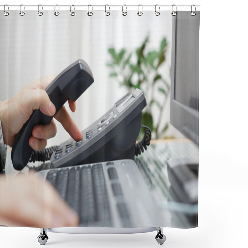 Personality  Businessman Is Dialing A Phone Number In Office Shower Curtains