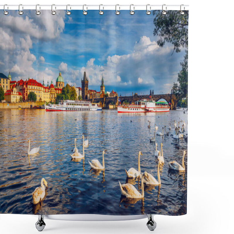 Personality  View Of Prague Charles Bridge Near The Vltava River. Swan On The River. Swans Swim In The Vltava River. Charles Bridge At Sunset. Prague Swans Of The Vltava River, Prague, Czech Republic Shower Curtains