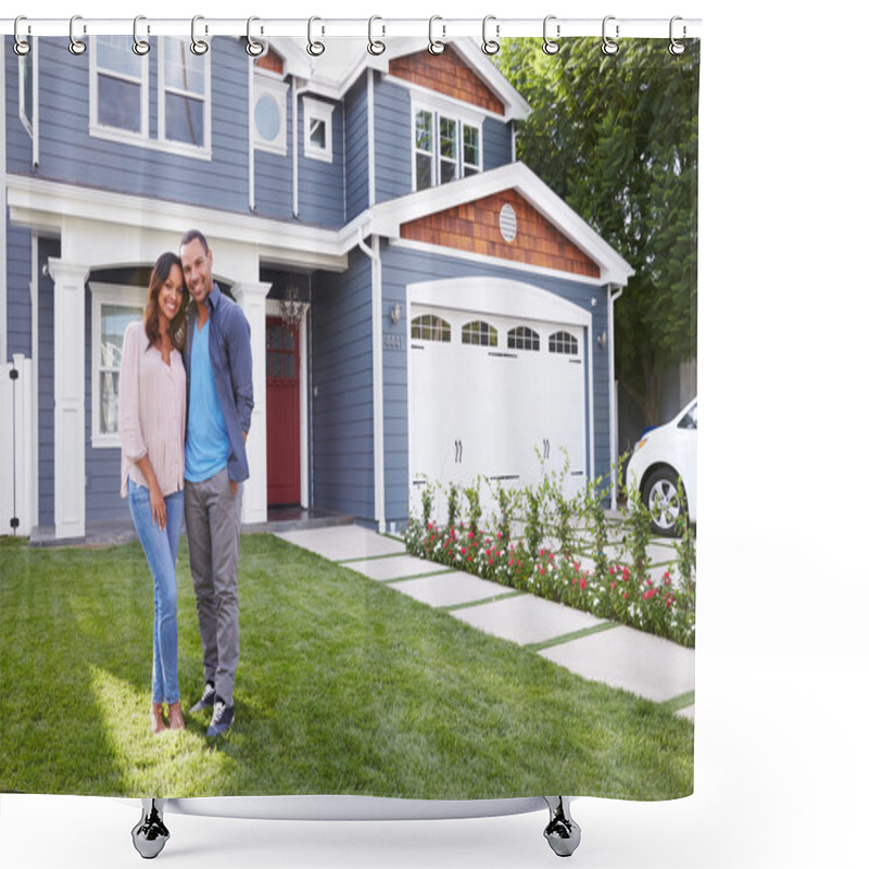 Personality  Happy Couple Standing Outside Their House Shower Curtains