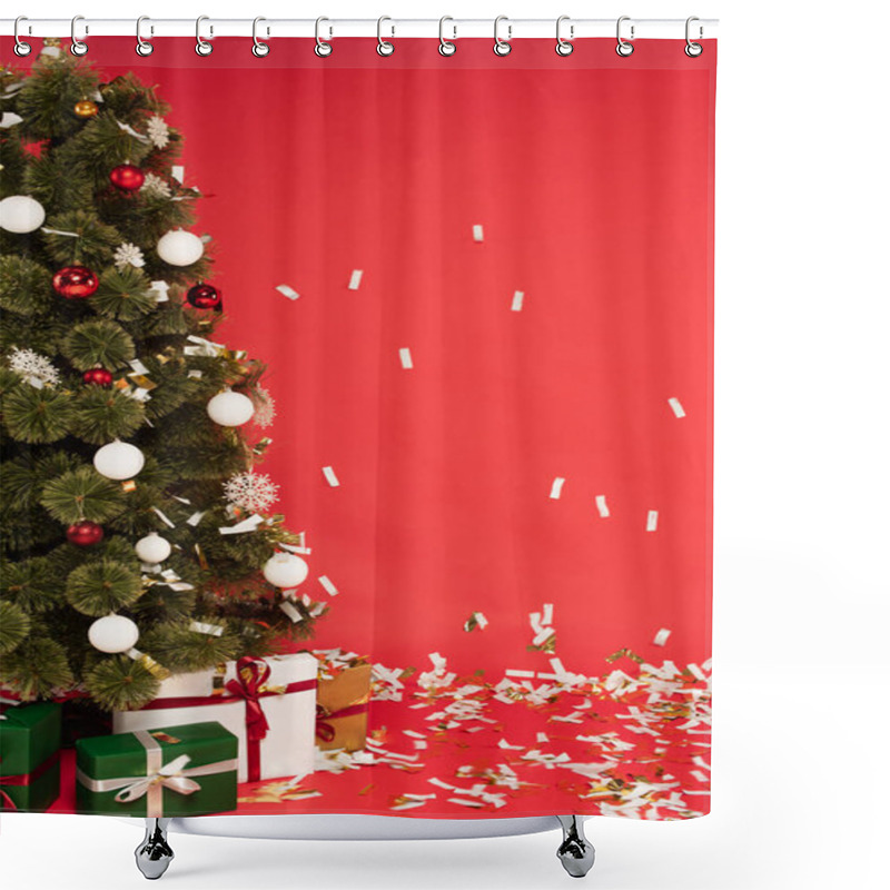 Personality  Presents Under Decorated Christmas Tree And Falling Confetti On Red Shower Curtains