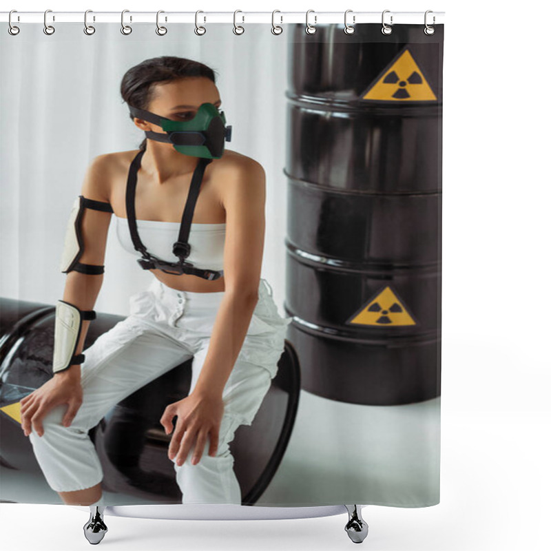 Personality  Futuristic African American Woman In Safety Mask Near Radioactive Waste Barrels On White Background Shower Curtains