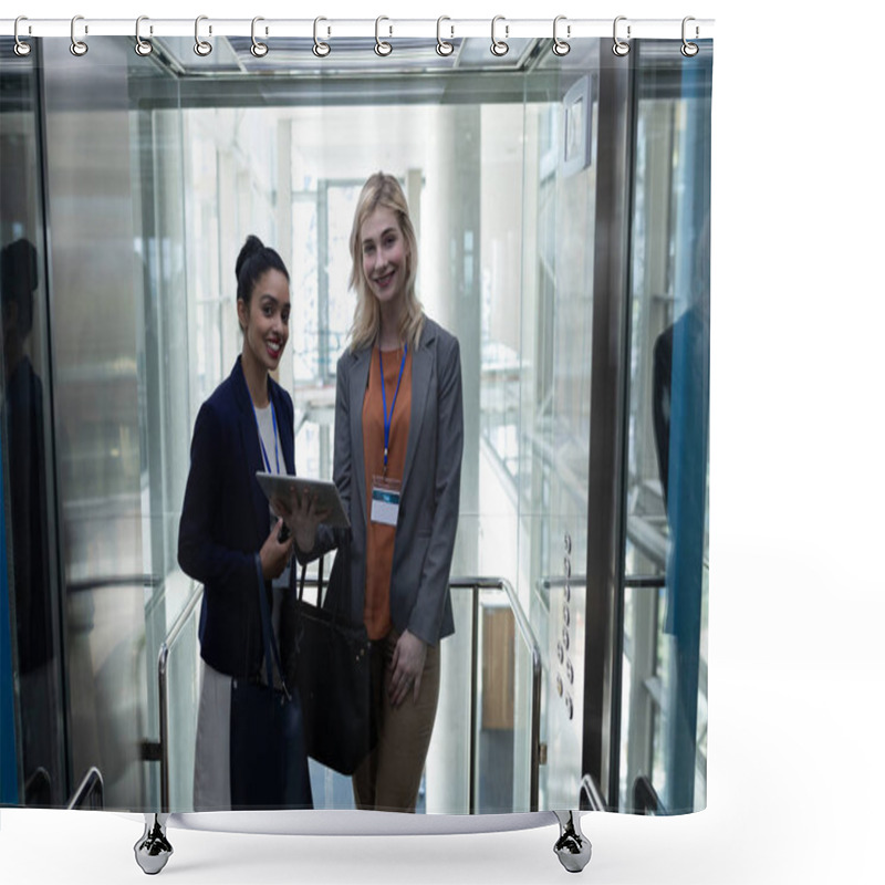 Personality  Front View Of Happy Young Multi-ethnic Businesswomen With Digital Table Looking At Camera In Modern Office Elevator Shower Curtains