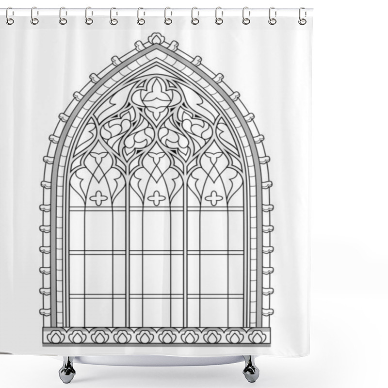 Personality  Beautiful Medieval Stained Glass Window In French Churches. Black And White Drawing For Coloring Book. Flaming Gothic Architectural Style In Western Europe. Worksheet For Children. Vector Image. Shower Curtains