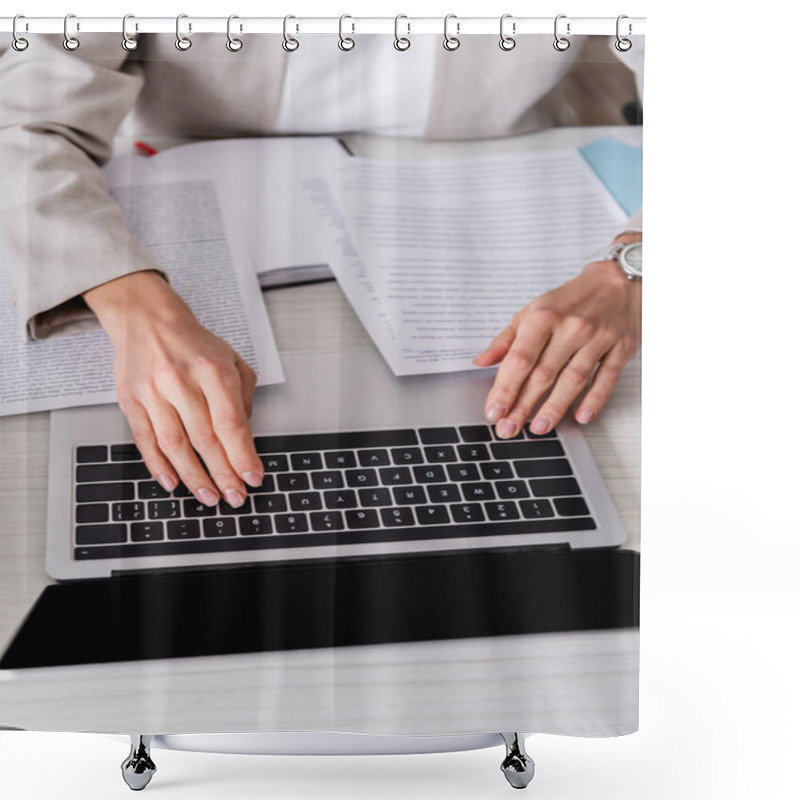 Personality  Partial View Of Translator Typing On Laptop Near Documents In Office Shower Curtains