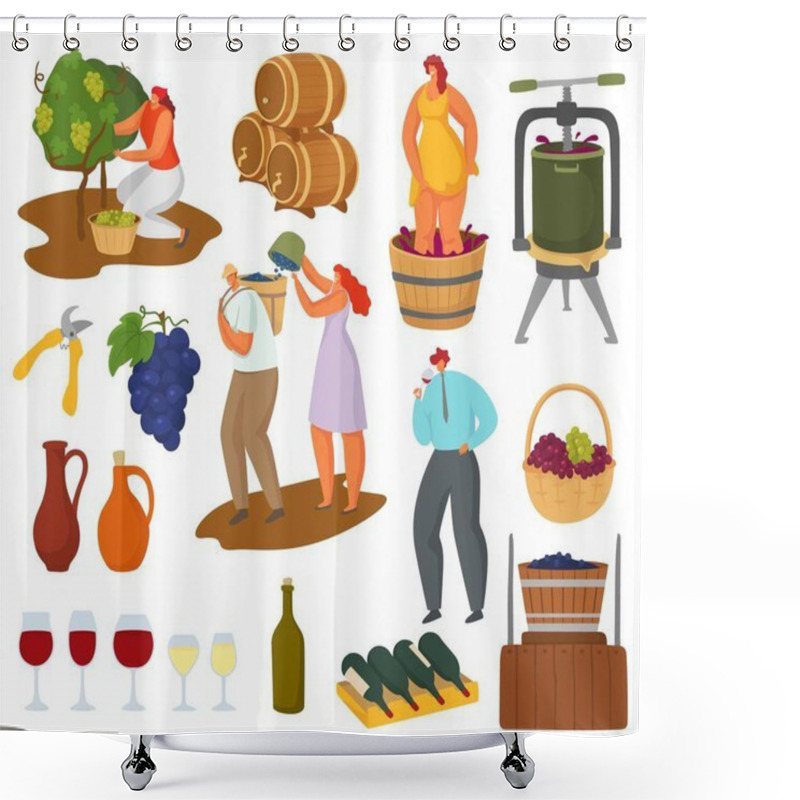 Personality  Wine And Winemaking Vector Illustration Set, Farmer Winemaker Characters Harvesting, Pressing, Making Wine Shower Curtains