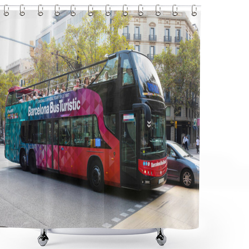 Personality  BARCELONA, SPAIN - October 16, 2022. Barcelona City Tour Bus With People On The Street In Barcelona City. Shower Curtains