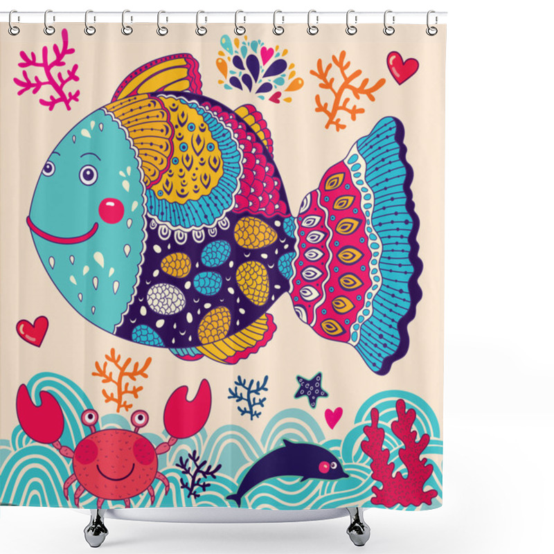 Personality  Cartoon Vector Illustration With Fish Shower Curtains