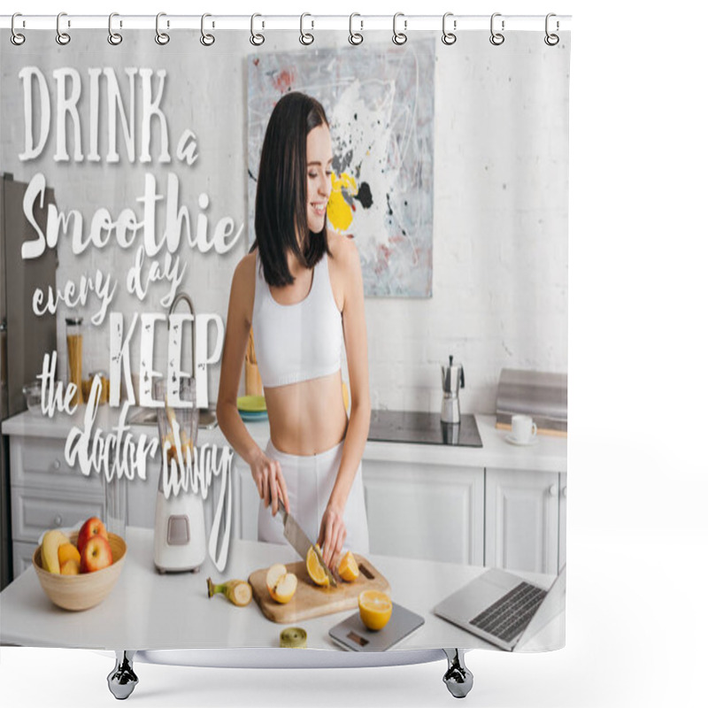 Personality  Smiling Fit Sportswoman Looking At Laptop While Cutting Fruits Near Blender On Kitchen Table, Drink A Smoothie Every Day And Keep The Doctor Away Illustration Shower Curtains