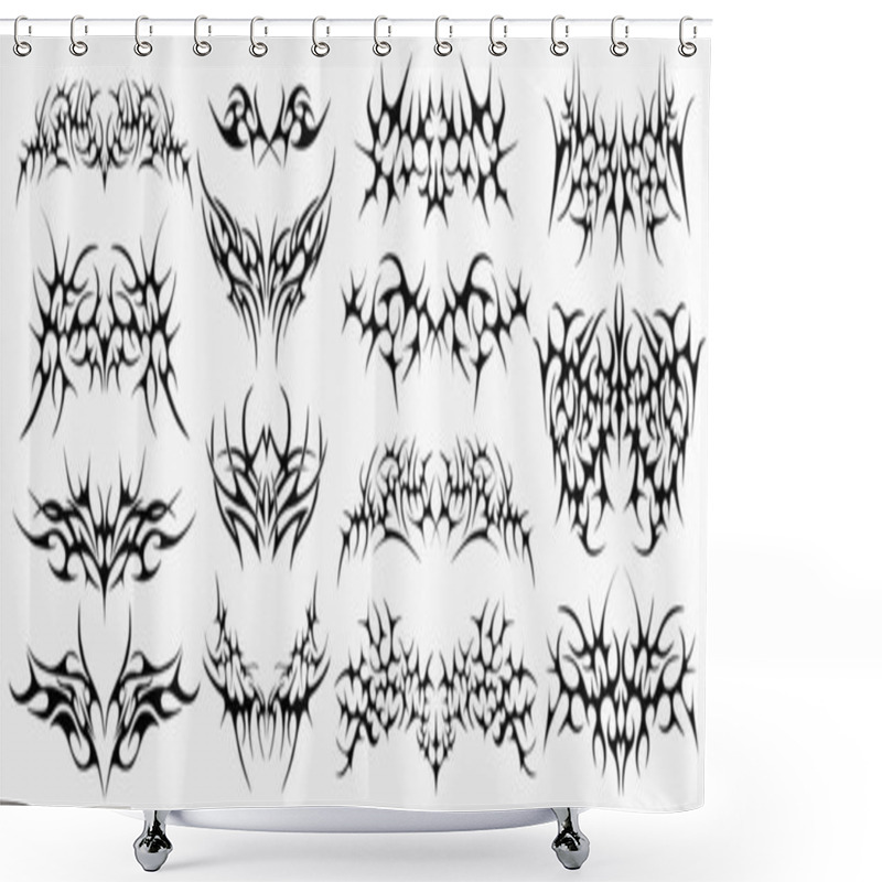 Personality  Collection Of Grunge Y2k Tattoo Streetwear Graphic Elements. Gothic Neo Tribal Cyber Sigilism Shapes Vector Design. Shower Curtains