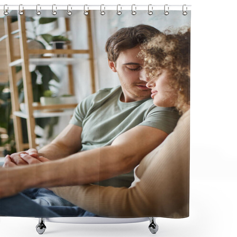 Personality  Curly Young Woman And Brunette Man Hugging Lovingly, Feeling Grateful For The Moment Shower Curtains