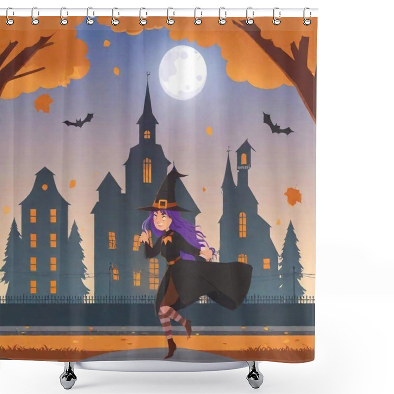 Personality  Witch Costume, Spooky Halloween Frightening Costume Flying Above Street With Houses In Autumn, Vector Illustration Shower Curtains