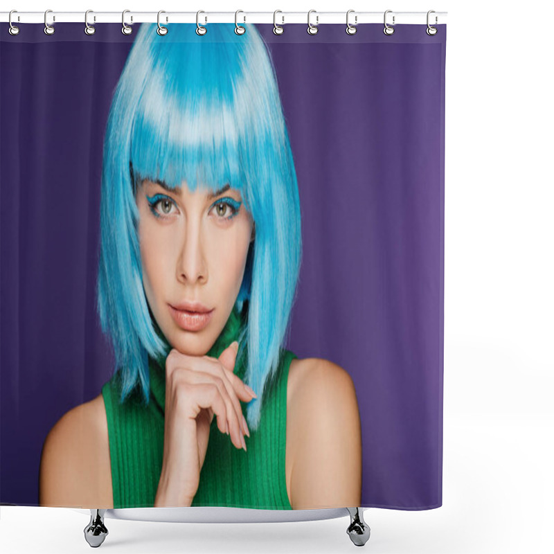 Personality  Pensive Stylish Girl Posing In Blue Wig, Isolated On Purple Shower Curtains