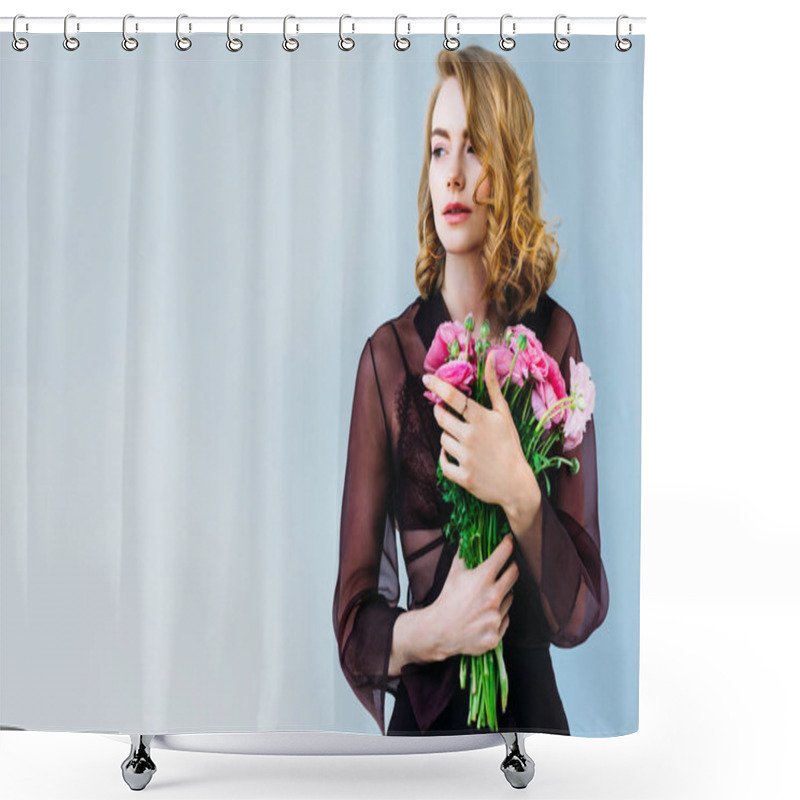 Personality  Beautiful Young Woman Holding Tender Pink Flowers And Looking Away Isolated On Grey Shower Curtains