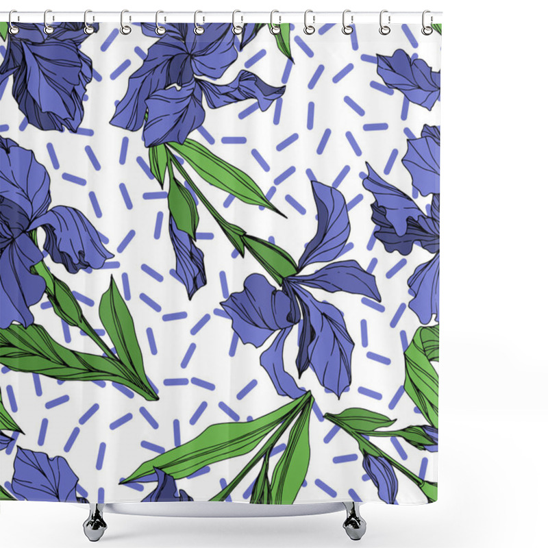 Personality  Vector Blue Iris Floral Botanical Flower. Wild Spring Leaf Wildflower Isolated. Blue And Green Engraved Ink Art. Seamless Background Pattern. Fabric Wallpaper Print Texture. Shower Curtains