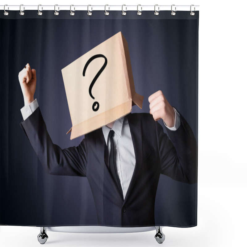 Personality  Businessman Gesturing With A Cardboard Box On His Head With Ques Shower Curtains