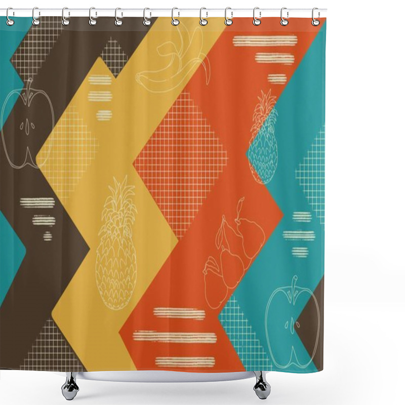 Personality  The Artwork Showcases A Vibrant, Abstract Pattern With Illustrated Fruits Like Apples, Bananas, And Pineapples On A Variety Of Geometric Shapes And Colors. Shower Curtains