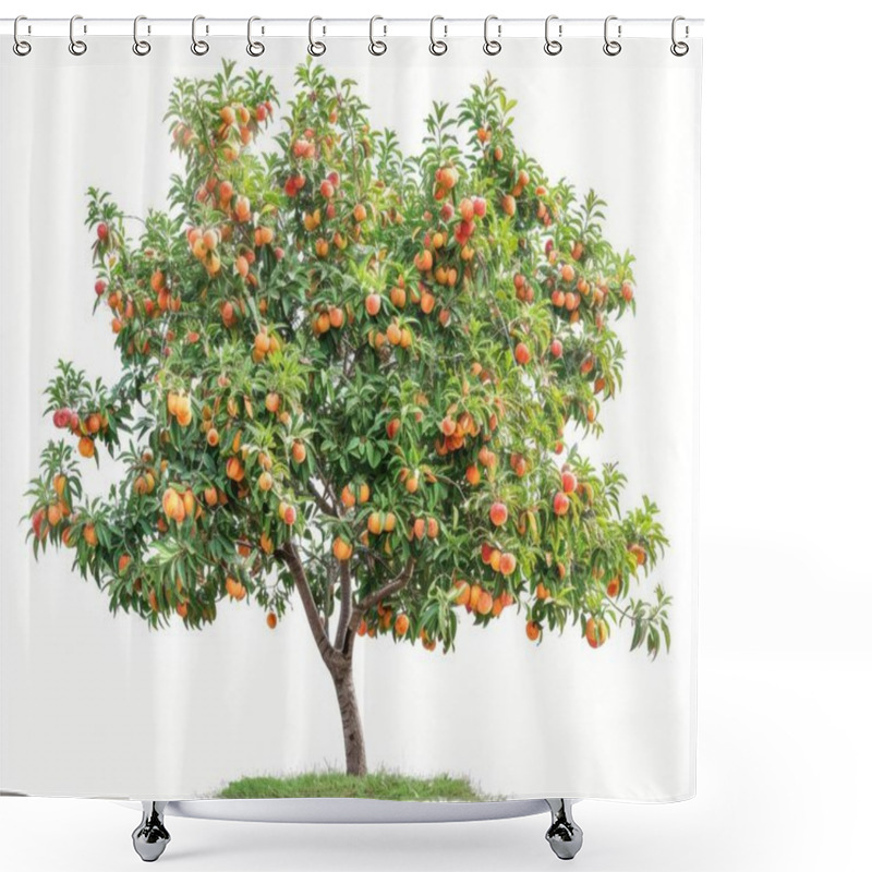 Personality  A Vibrant Peach Tree Bursting With Ripe, Juicy Peaches, Set Against A Soft White Background. Shower Curtains