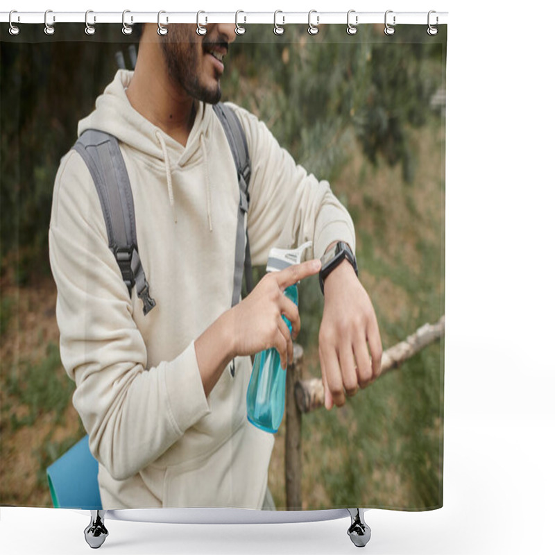 Personality  Cropped View Of Smiling Indian Traveler With Backpack And Sports Bottle Using Smartwatch Outdoors Shower Curtains