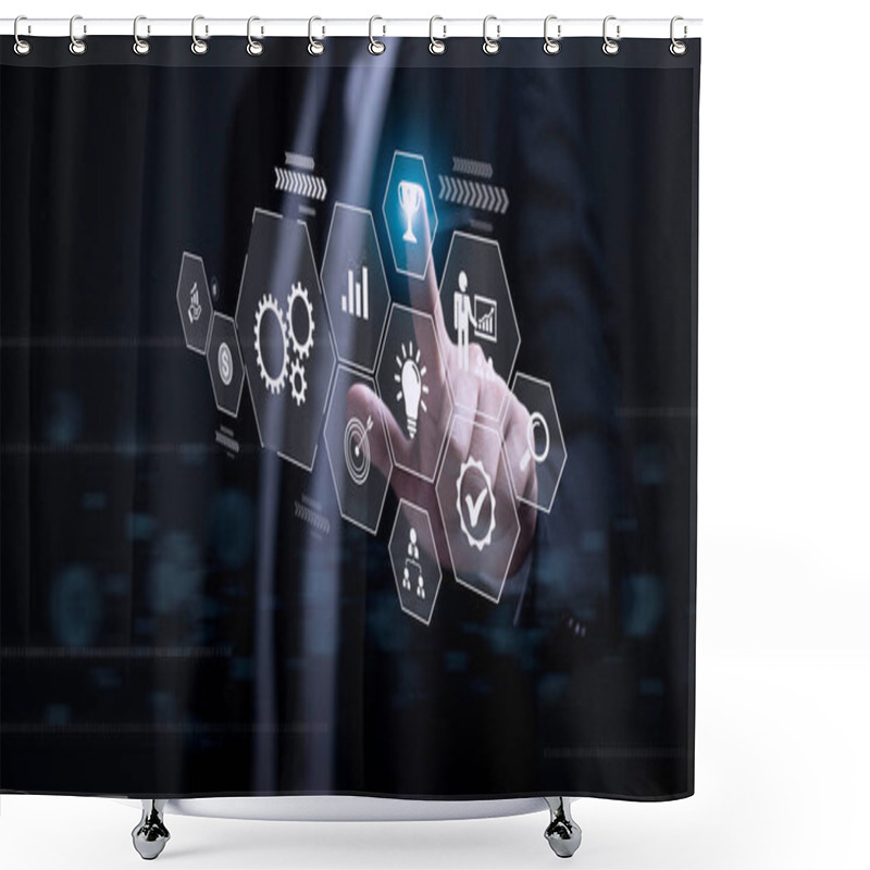 Personality  Business Process Management Concept. Businessman Touch On Virtual Innovation Operations Management Gears Icons, High Quality Control , Problem Solving, Workflow, Monitoring And Innovation. Shower Curtains