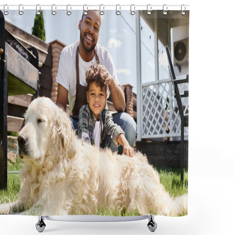 Personality  Happy African American Man In Apron Touching Curly Hair Of Son And Sitting Near Family Dog Outdoors Shower Curtains