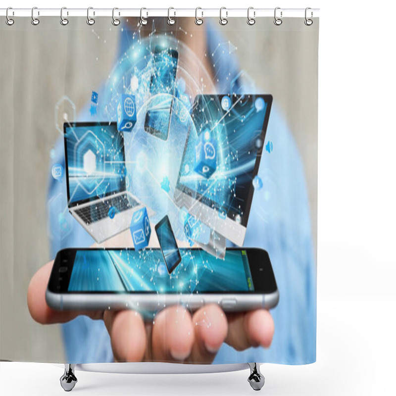 Personality  Tech Devices Connected To Each Other By Businessman 3D Rendering Shower Curtains