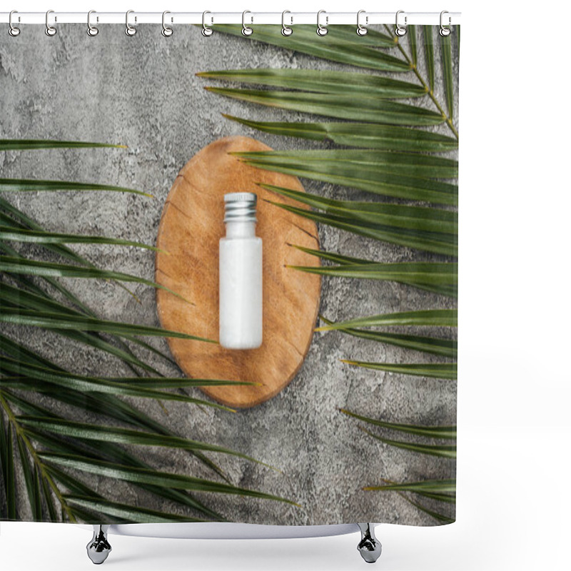 Personality  Top View Of Wooden Board With Coconut Cream Near Green Palm Leaves On Grey Textured Background Shower Curtains