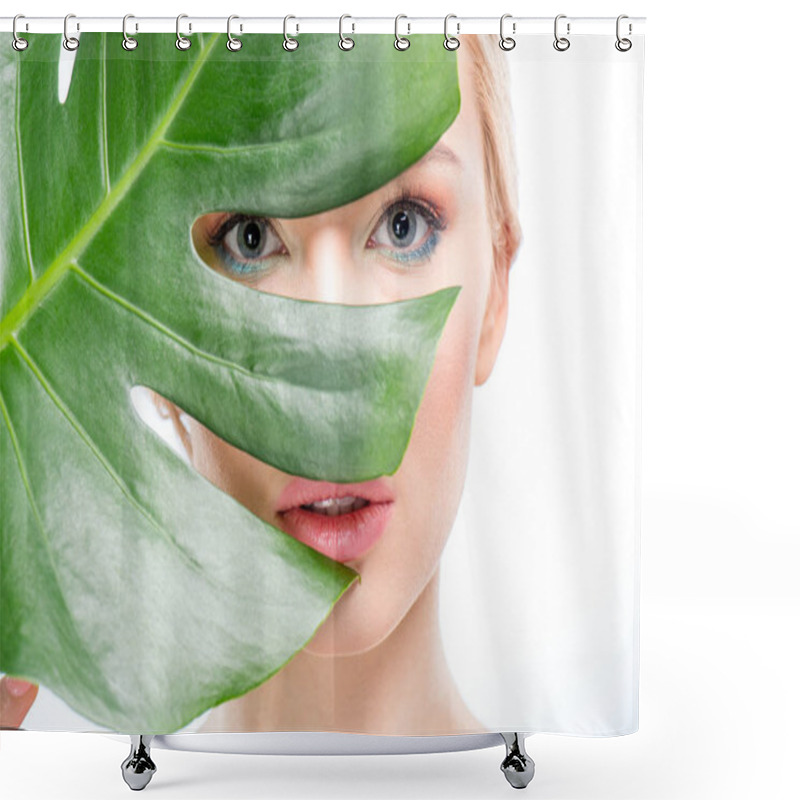 Personality  Young Woman With Green Leaf Shower Curtains