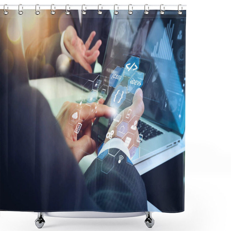 Personality  Coding Software Developer Work With Augmented Reality Dashboard Computer Icons Of Scrum Agile Development And Code Fork And Versioning With Responsive Cybersecurity.Business Team Meeting Present. Shower Curtains