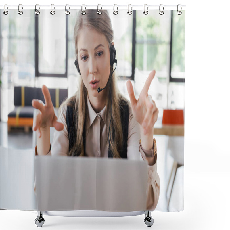 Personality  Selective Focus Of Operator In Headset Gesturing While Talking Near Laptop Shower Curtains