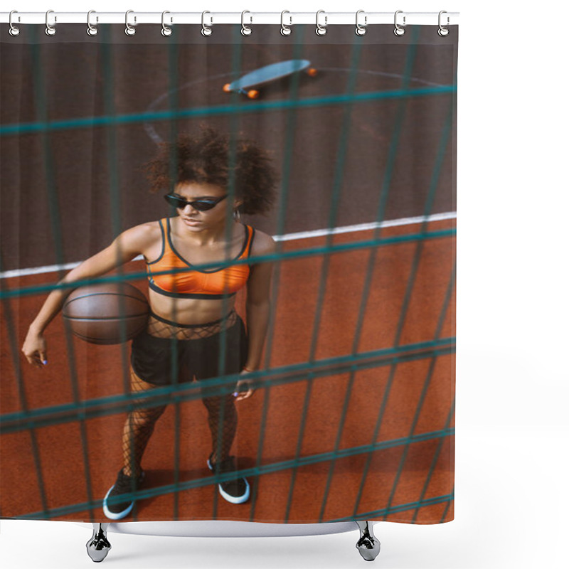 Personality  African-american Woman Holding Basketball Shower Curtains