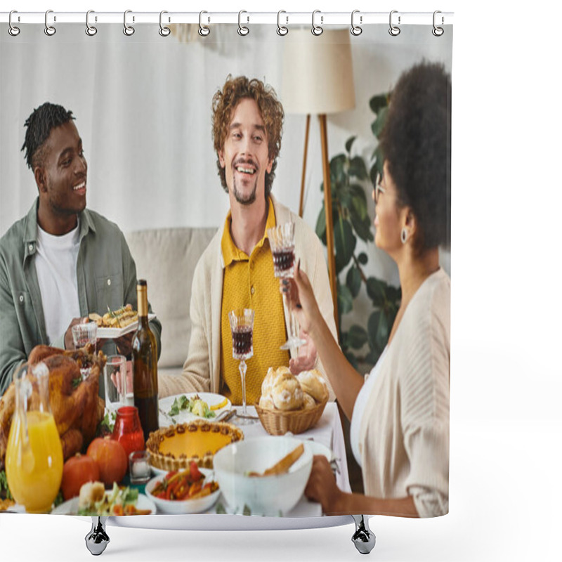 Personality  Happy Thanksgiving, Cheerful Multiethnic Friends Chatting At Feasting Table With Roasted Turkey Shower Curtains