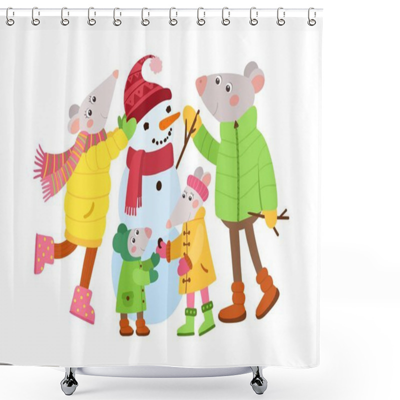 Personality  Rats Family Making Snowman Flat Vector Illustration Shower Curtains