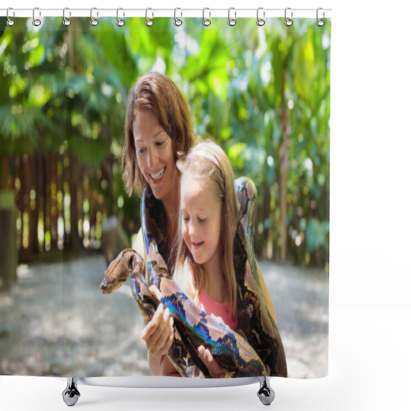 Personality  Kids hold python snake at zoo. Child and reptile. shower curtains