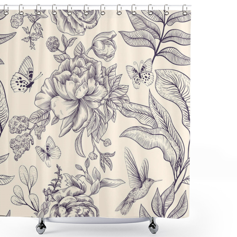 Personality  Seamless Monochrome Pattern With Flowers. Wallpaper. Background With Sketch Climbing Flowers. Retro Graceful Style. Design For Textile, Wallpaper, Bed Linen, Paper, Invitation, Cover. Shower Curtains