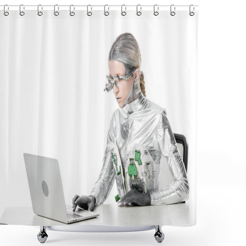 Personality  Silver Robot Sitting At Table And Using Laptop Isolated On White, Future Technology Concept Shower Curtains