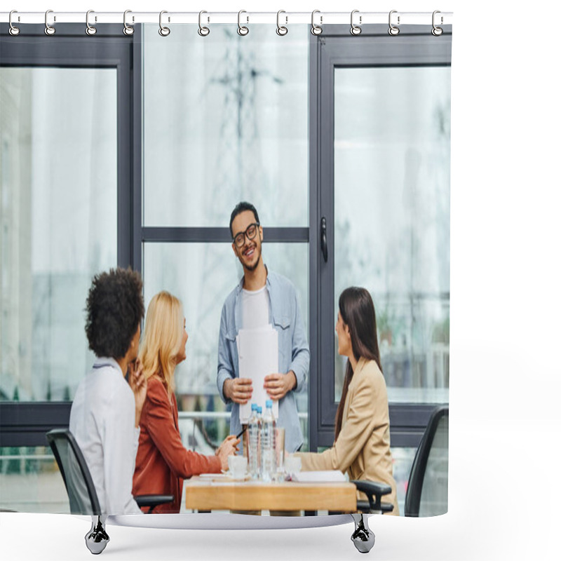 Personality  Group Of Professionals Discussing Business Ideas Around Office Table. Shower Curtains