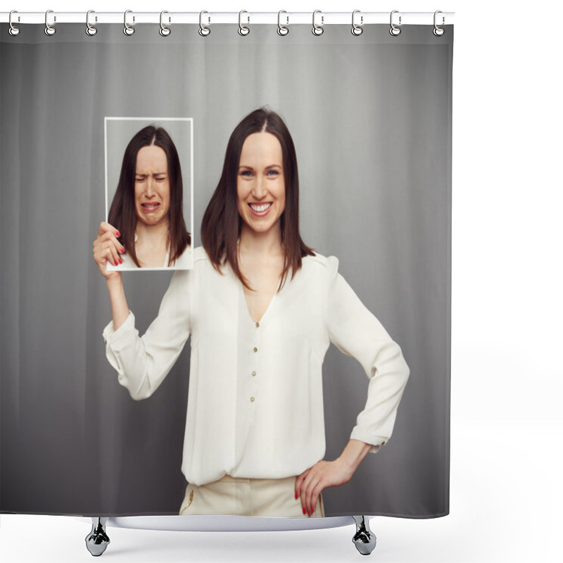 Personality  Happy Woman Holding Her Sad Picture Shower Curtains