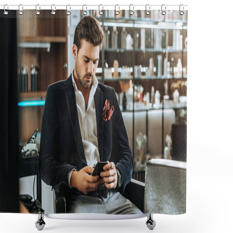 Personality  Stylish Handsome Young Man Using Smartphone While Sitting In Beauty Salon Shower Curtains